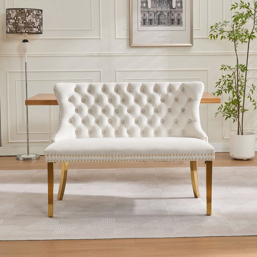 Image of Comfortable Two-person Dining Bench Velvet Fabric, Elegant Detailing, Sturdy Frame Construction, Stylish Furniture Piece For Indoor Home Use