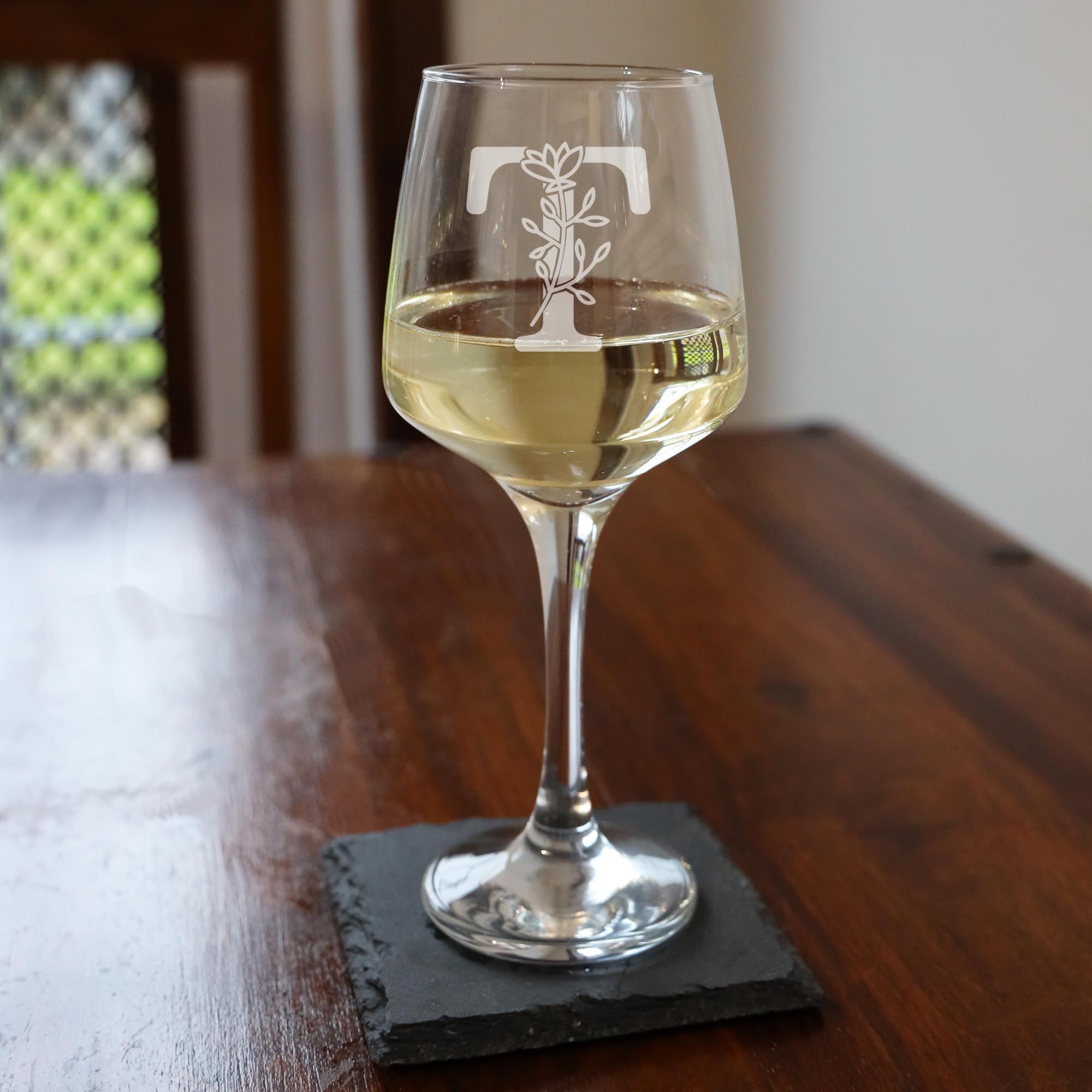 T Monogram Initial Etched Wine Glass Engraved Name