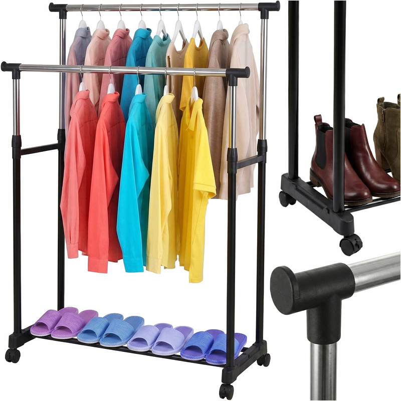 TEMU Double Standing Clothes Rack On Wheels, Adjustable 70 Ã 37 Ã 82â140 Cm, Clothing Rack With 2 Bars And Shoe Shelf, Mobile Floor Rack With Heig