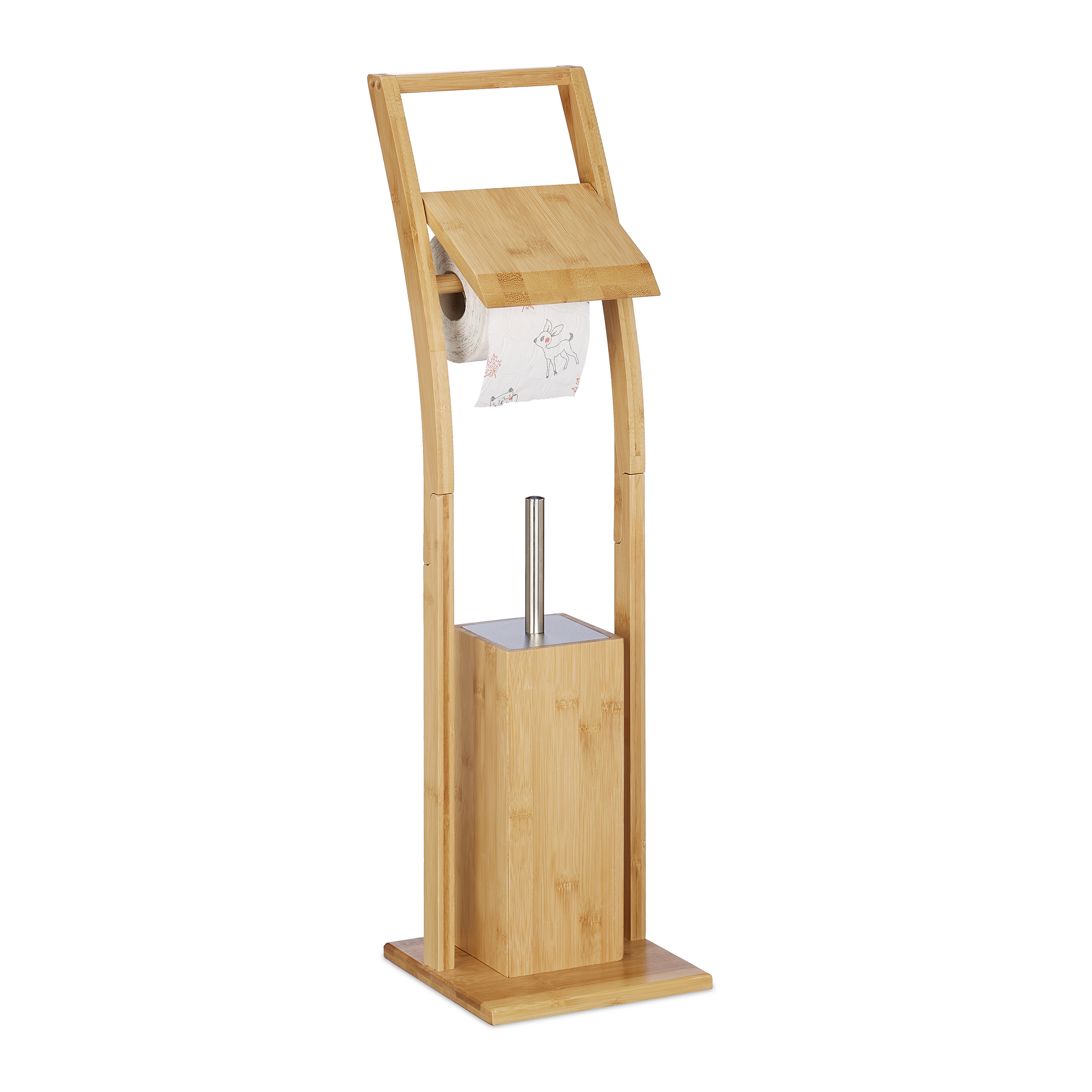 TEMU Set WC bamb羅, autoportante, 74 x 20 x 20 cm, acciaio e plastica, portarotolo a 55 cm di altezza, scopino con paraschizzi e testina sostituibile,