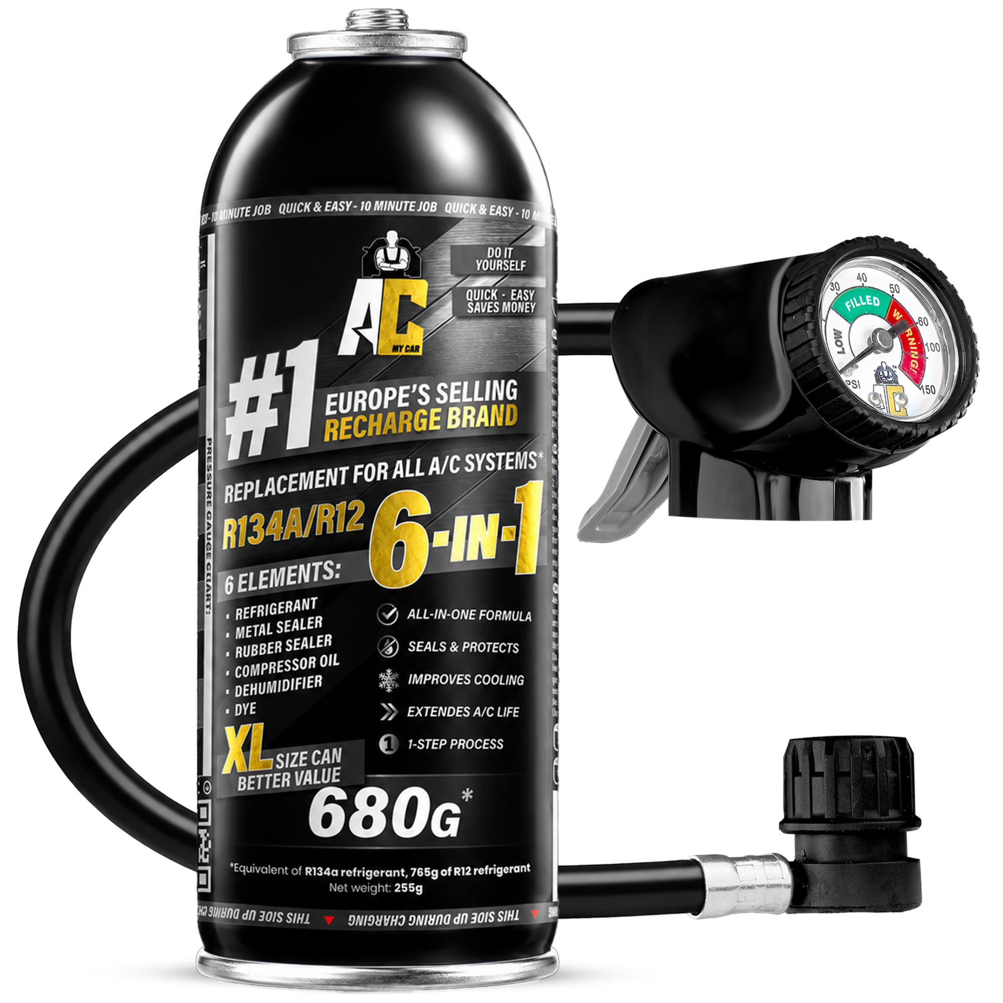 TEMU Acmycar 6-in-1 R134a   Hose â Starter Kit With 6-in-1 Preparation And R134a Automotive Air Conditioning Hose, Includes A 255g Can Of AcmycarÂ®