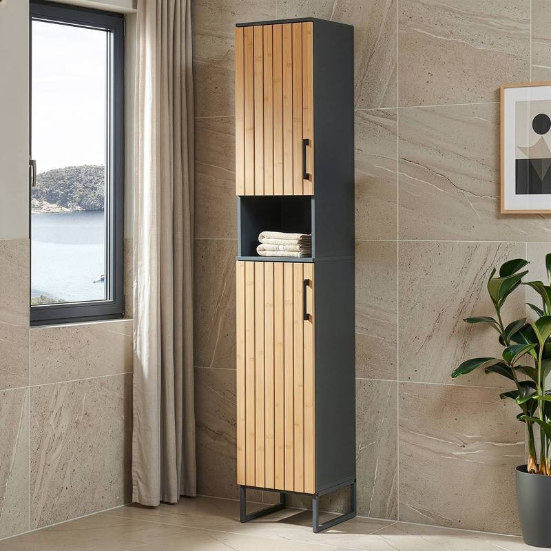 Image of Svanes Tall Bathroom Cabinet With 2 Doors And 6 Compartments, 170 X 30 X 30 Cm, Metal Frame, Dark Grey/natural