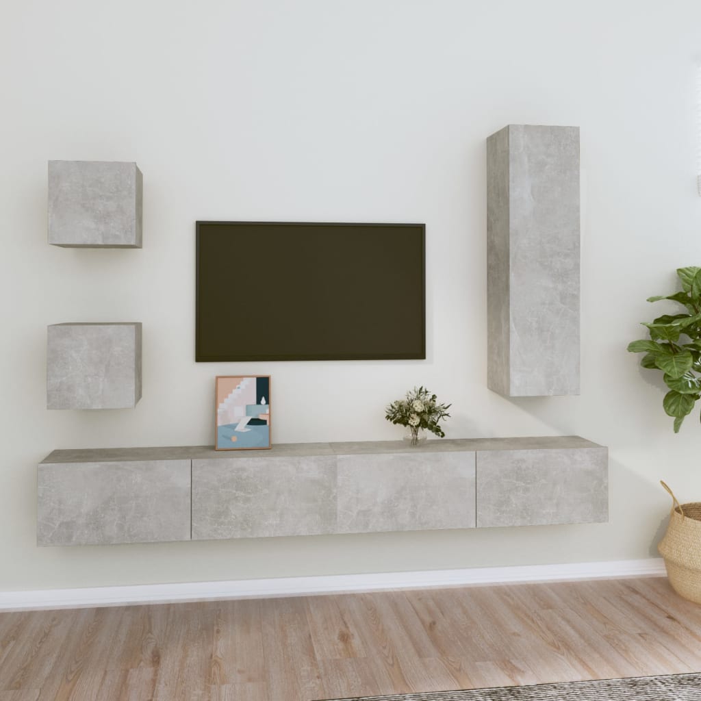 Vidaxl Tv Cabinet Set 5pcs. Living Room Wall Cabinet Wall-mounted Cabinet Lowboard Tv Furniture Tv Cabinet Wall Cabinet Hifi Cabinet Concrete Gray Wood
