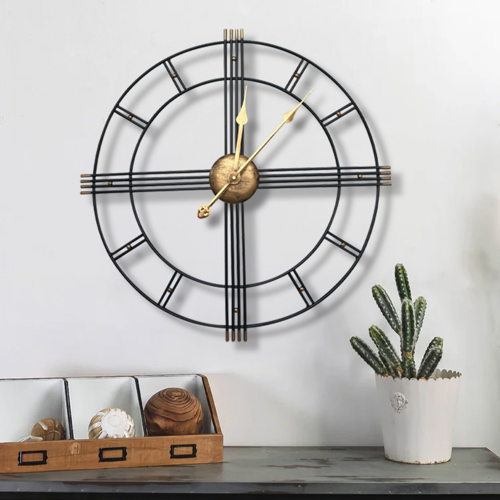 TEMU 60cm/ 24inch Extra Large Metal Iron Art Wall Clock, European-style Black & Brass Skeleton Metal Wall Clock Silent Non-ticking, Round Cross
