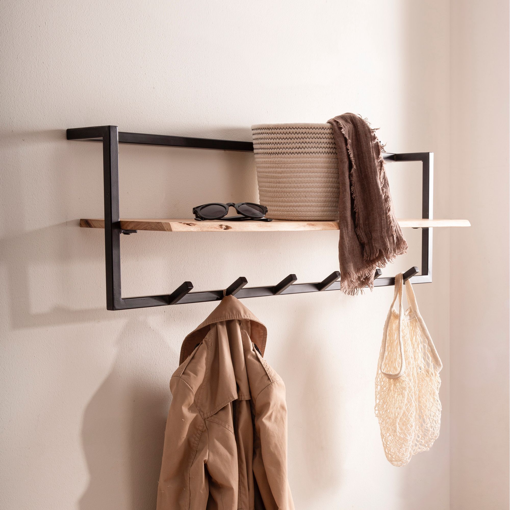 Solid Acacia Wood Coat Rack With Tree Edge, 100 Cm - Industrial Wall Coat Rack With Shelf & 6 Hooks - Coat Rack Bar With Black Metal Frame, Handcrafted