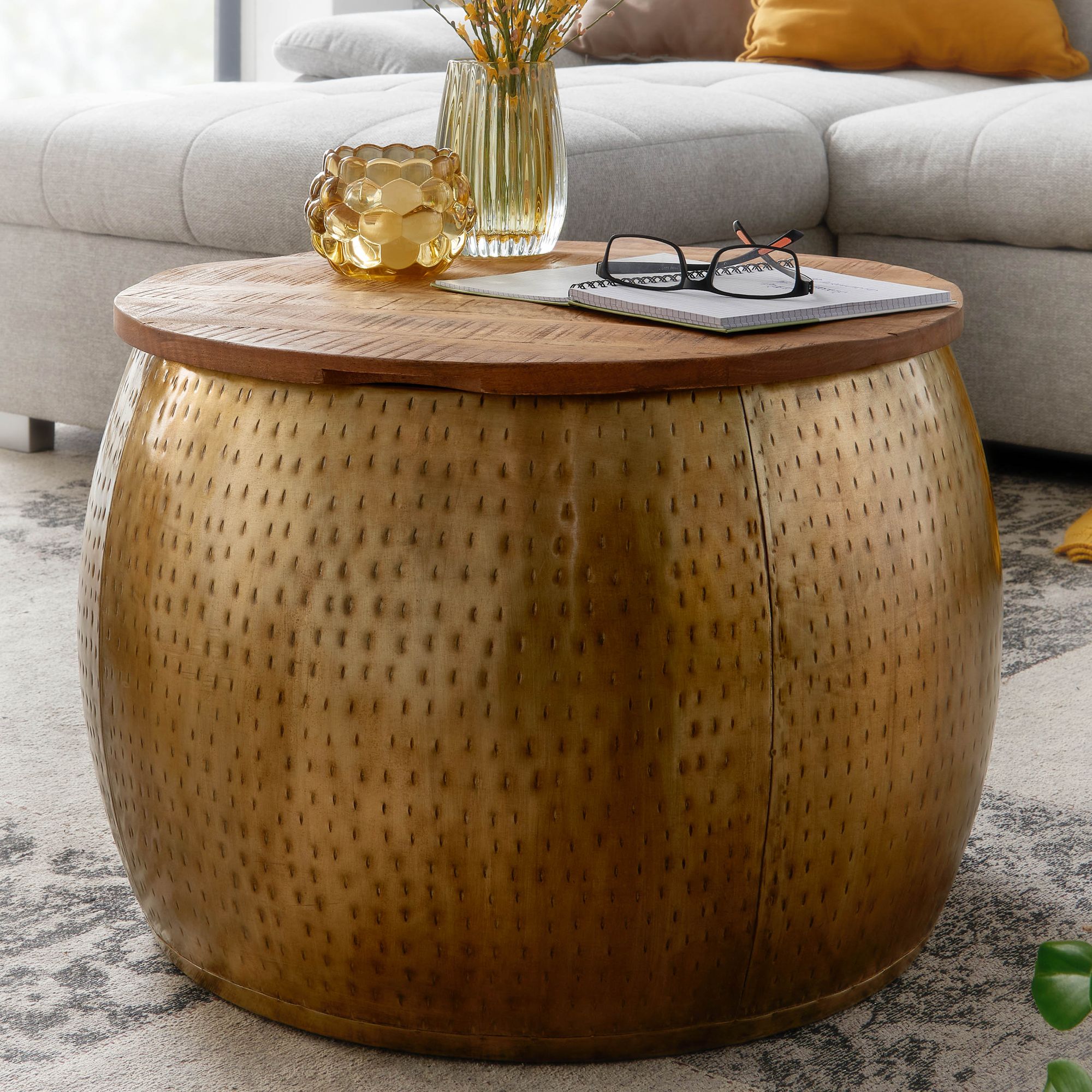 Image of Mango Solid Wood And Metal Coffee Table, 60x60x40 Cm, Gold, Round With Storage Space, Design Living Room Table With Removable Top, Modern Lounge Table, Sofa Table For Living Room