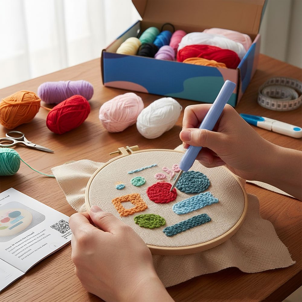 TEMU Patterned Fabrics Punch Needle Kit, Diy Embroidery Coaster Set With Needles Tools Yarn And Instructions, Cute Art Crafts For Beginners Adults