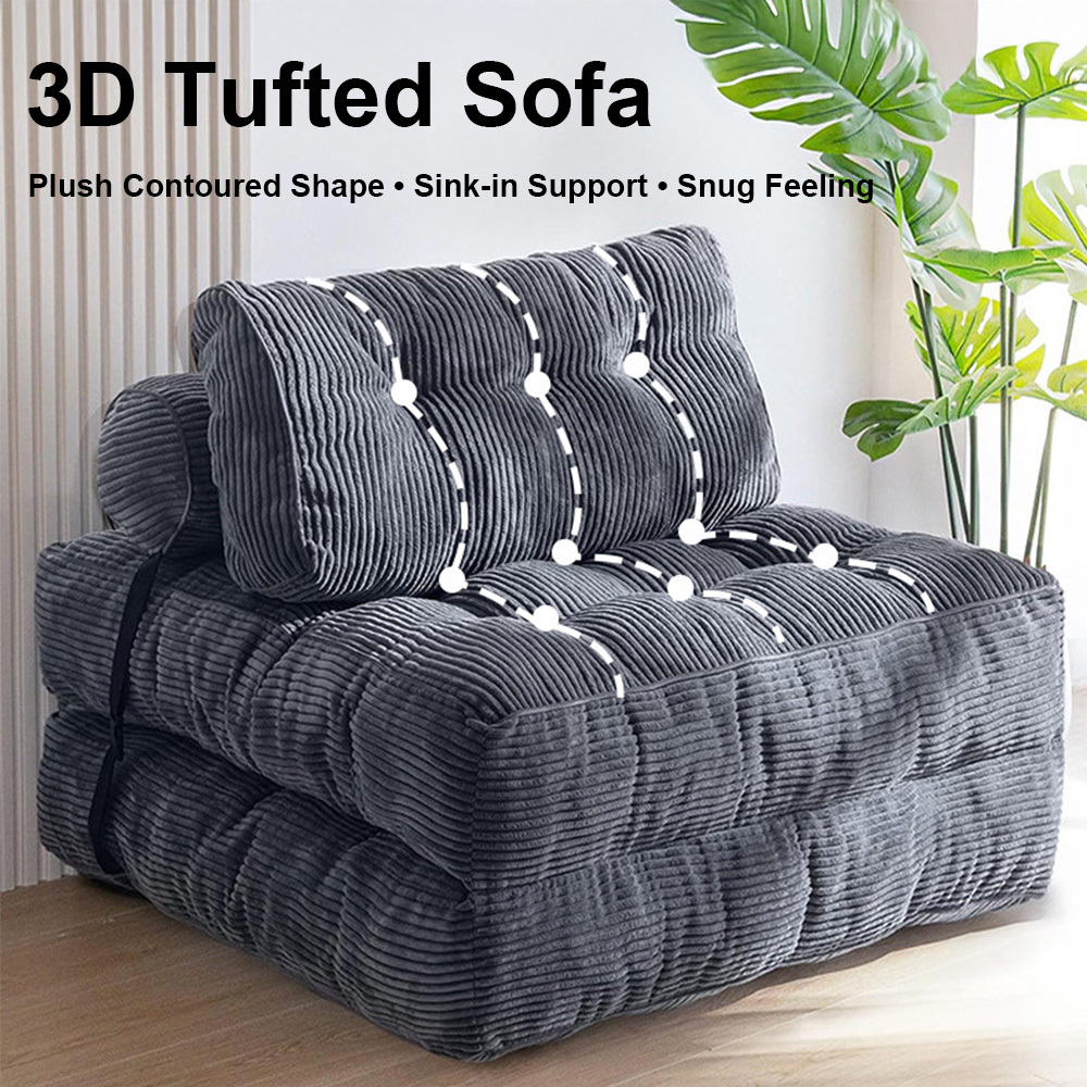 Image of Folding Sofa Bed, Convertible Sleeper Chair With Pillow Foldable Mattress With Back Support, Portable Fold Out Chair Bed Comfy Floor Sofa Lounge For Living Room Bedroom, Dark Grey