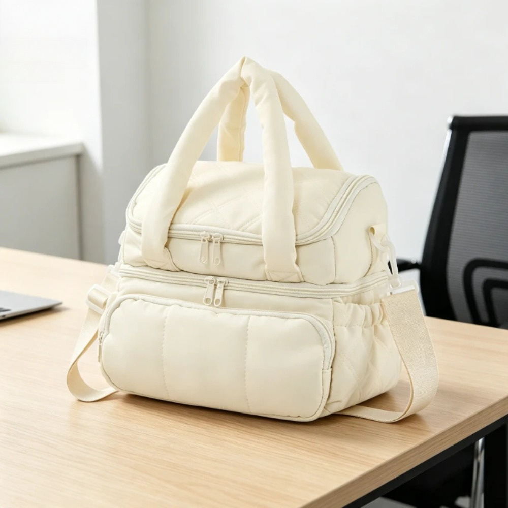 Beige Double Layer Insulated Lunch Bag with Adjustable Shoulder Strap