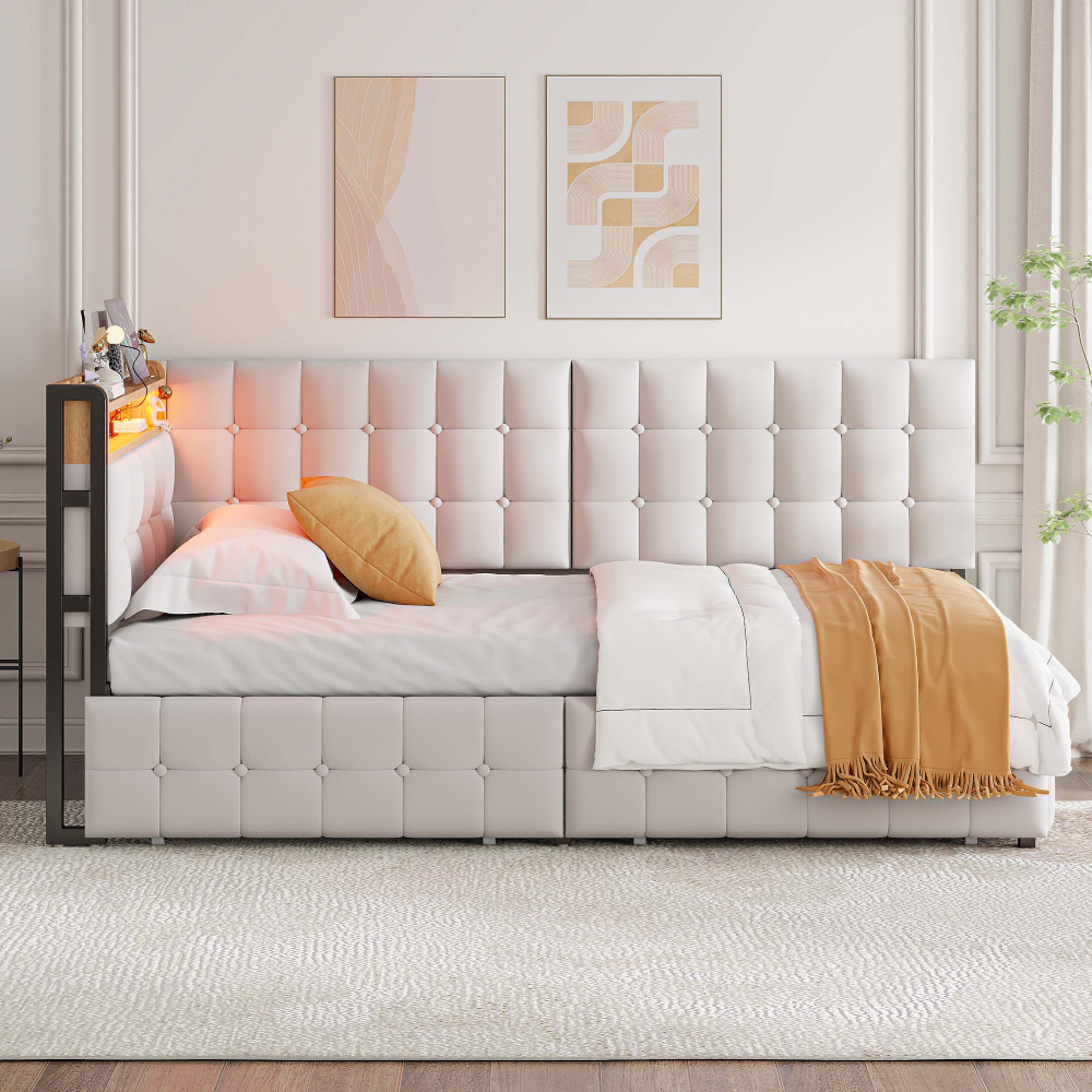 Image of 90 X 200 Sofa Bed With 2 Drawers & Upholstered Bed Function, Sturdy Metal Bed Frame, Space- Furniture For Apartments
