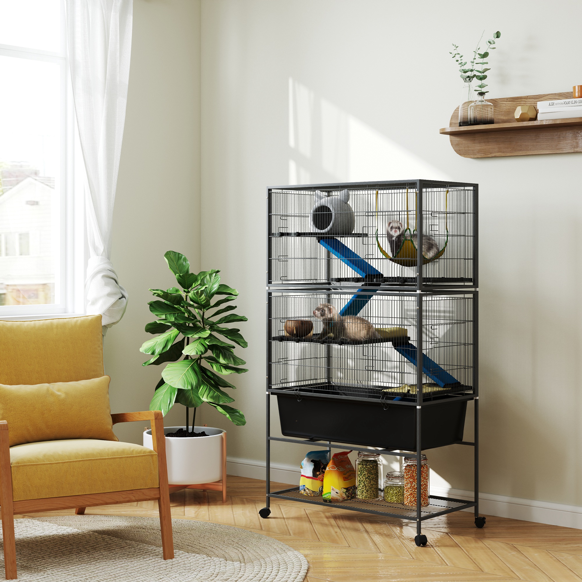 Small Animal Cage, Rodent Cage, Ferret Cage With Removable Tray, Mouse Cage With Ramps, Hammock, Wheels, Shelf, Cage With Accessories For Squirrels, , Dark Grey
