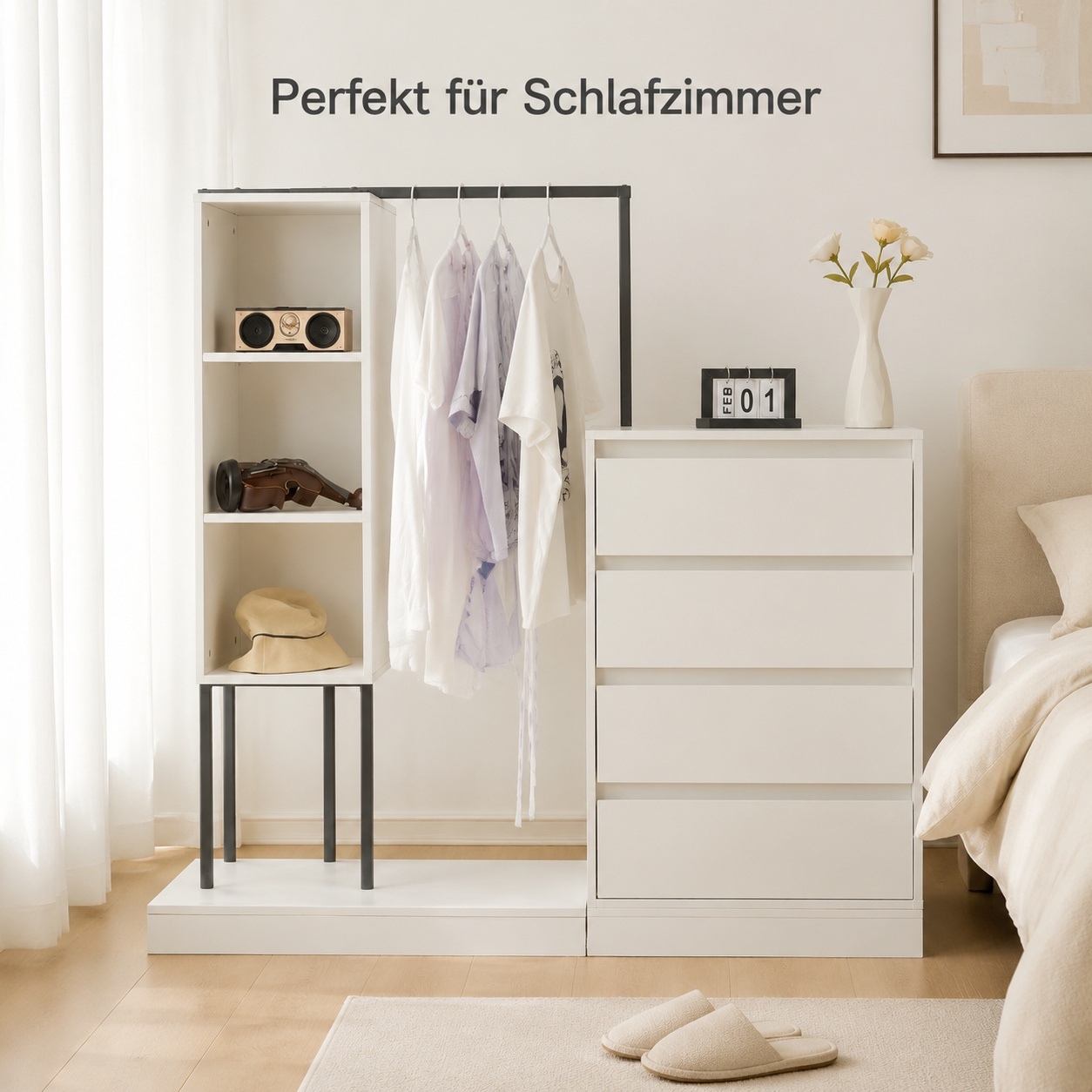 Image of Nordic Style 3-in-1 Wardrobe Set With Clothes Rail, 3 Open Shelves & 4 Drawers, White Drawer Cabinet Sideboard, Dimensions B140/w40/h135cm