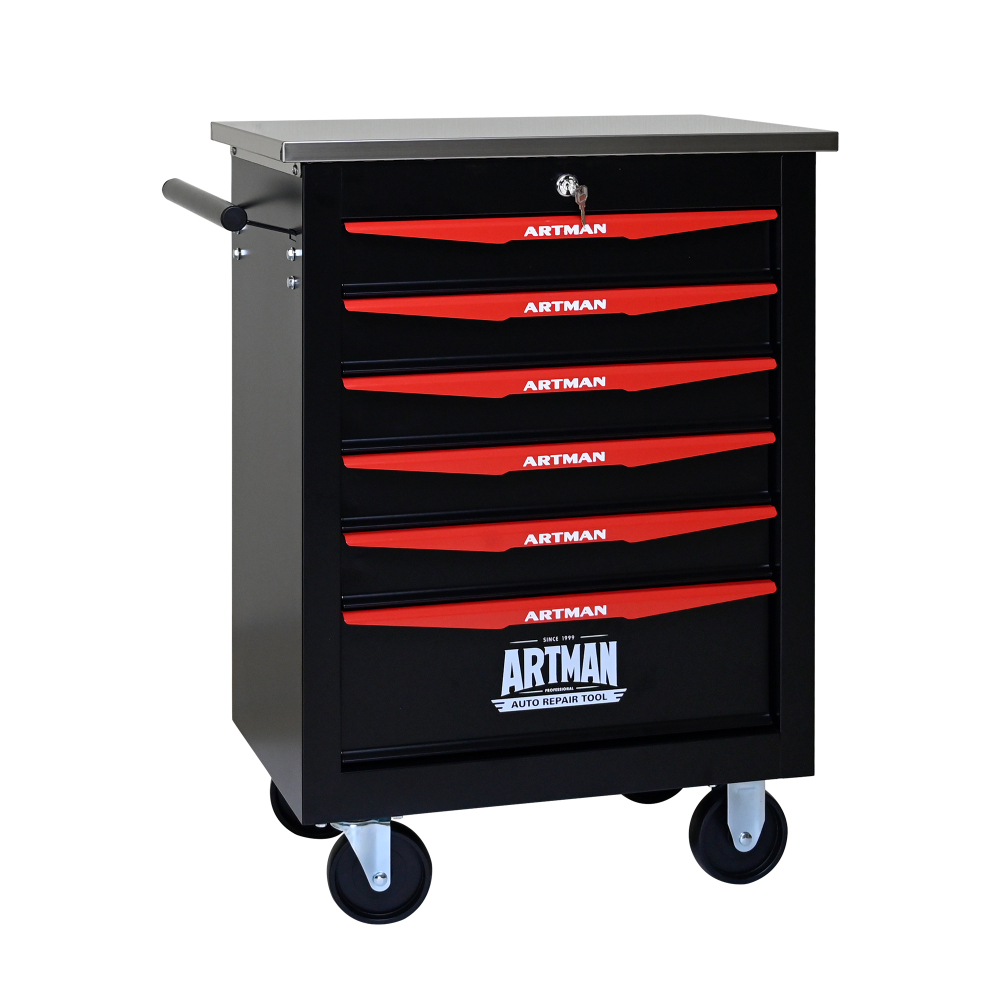Image of Tool Cart With 6 Drawers, Ball Bearing Slides, Lockable, 4 Wheels, 2 Brakes For Workshop And Garage