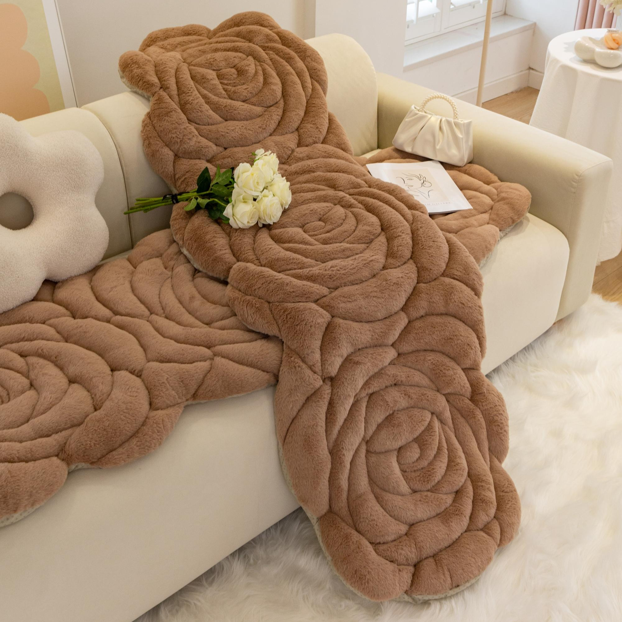 TEMU Rose Thickened Plush Sofa Cushion, Irregular Non-slip Seat Cushion, Single Or Multi-person Warming Sofa Cushion, Soft And Comfortable Cushion,