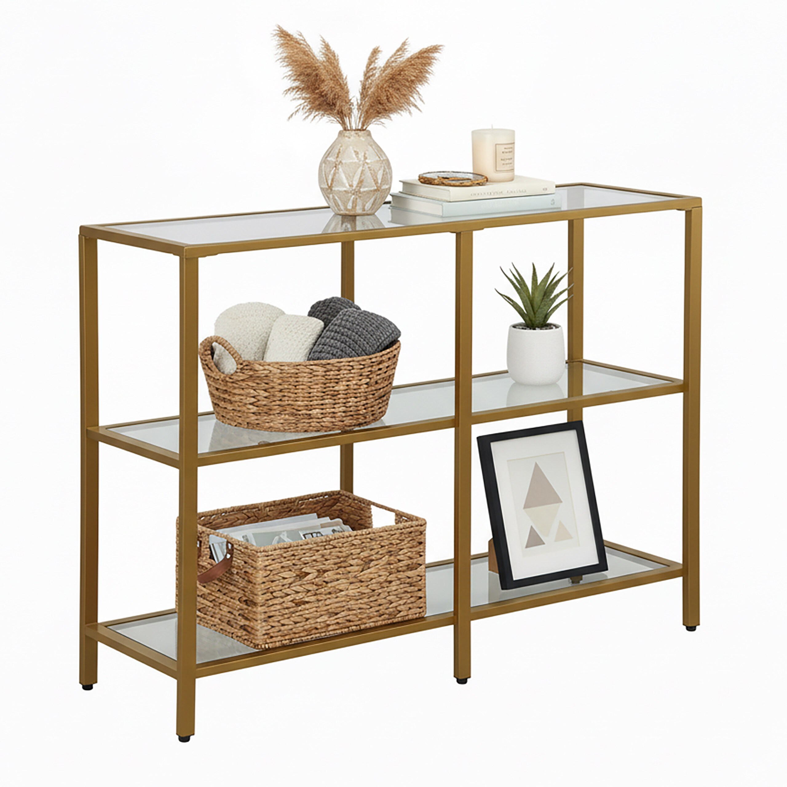 TEMU Mesa consola estrecha, 3 estantes, 73 x 100 x 30 cm, estructura metálica con baldas de cristal, dorada, patas regulables , para recibidor,