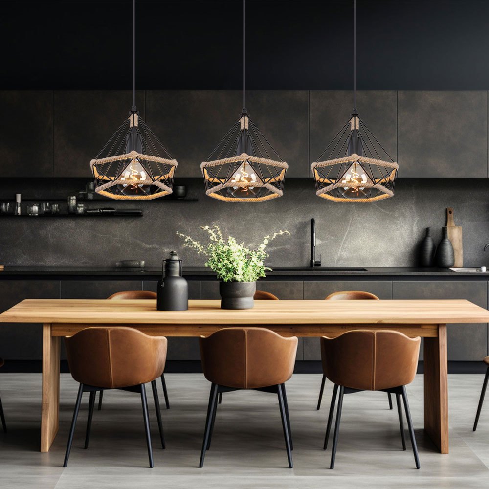 Pendant Ceiling Light For Living Room And Dining Room, Black Metal With Brown Hemp Rope And Mesh Shades, E27 3-light, L 100 Cm