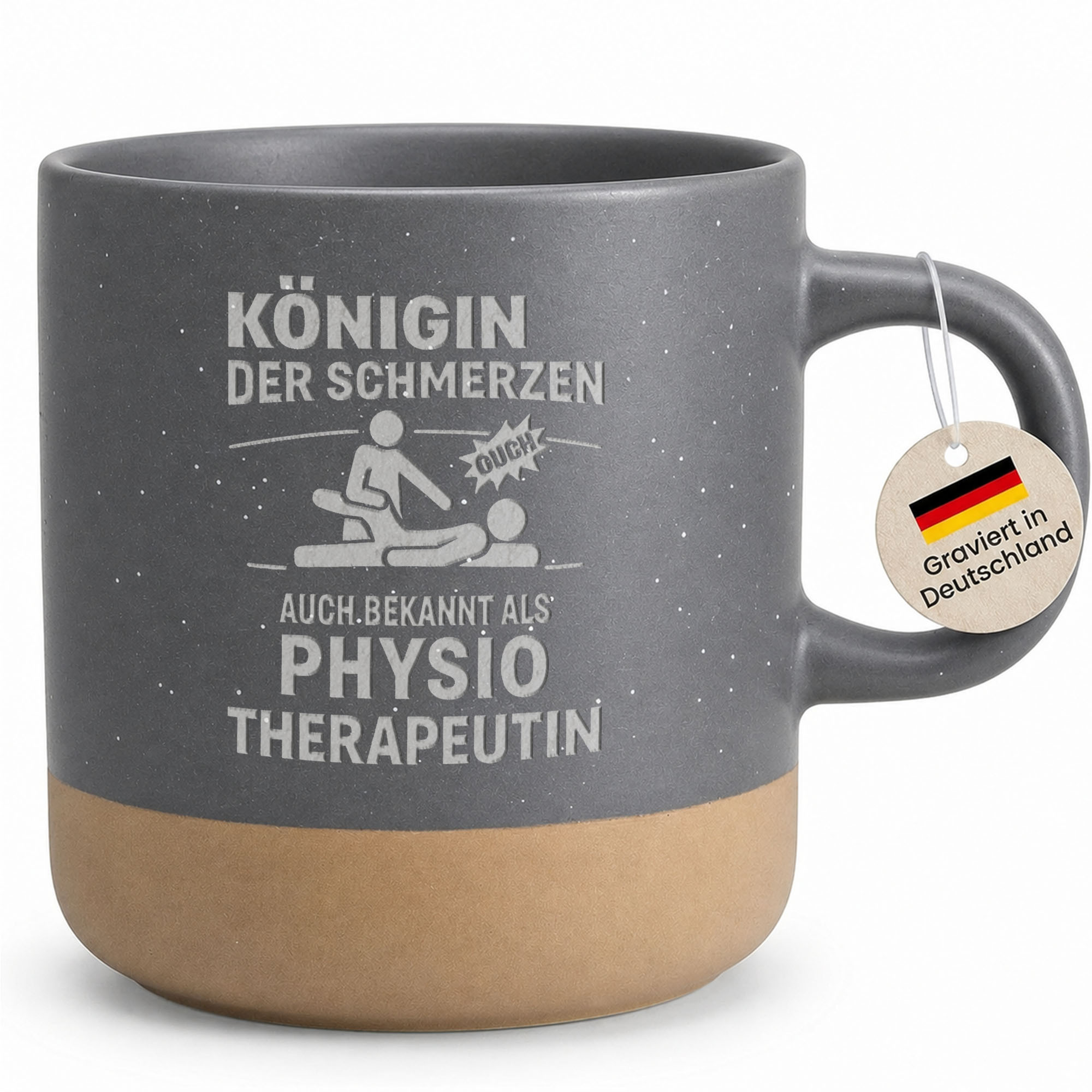 Image of Queen Of Pain Therapist Mug With Engraving, Funny Physiotherapist, Colleague, Birthday, Farewell Coffee Mug, Stoneware Grey - Right Handle