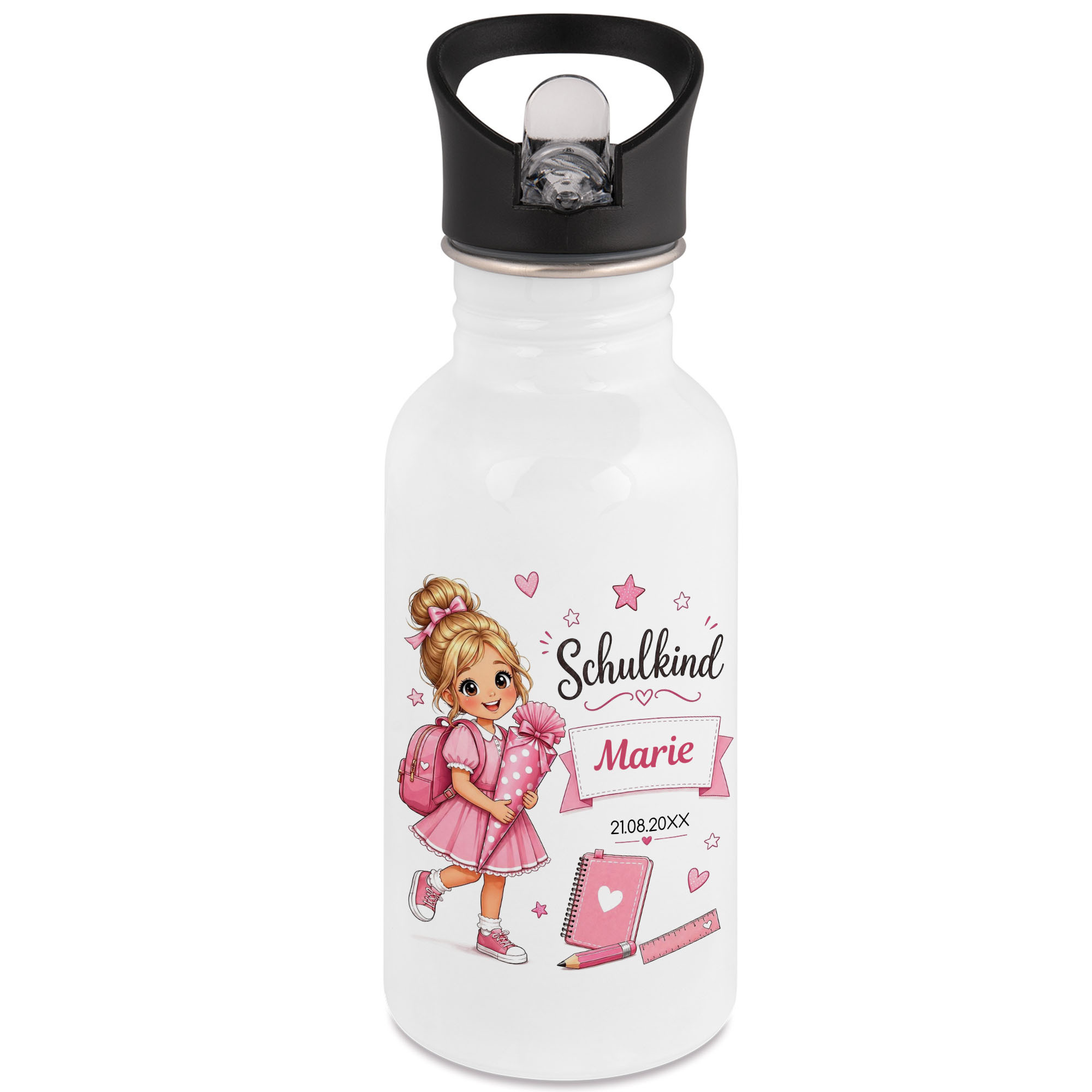 Image of Personalized School Kid Water Bottle For Girls - First Day Of School Gift With Custom Name And Date, Stainless Steel Bottle For 2026, 500ml