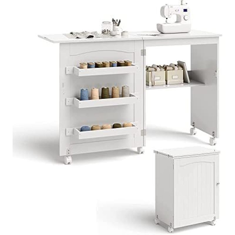 folding sewing cabinet craft table mdf wood with 3 shelves lockable wheels white   work surface integrated storage mobile stable crafting station
