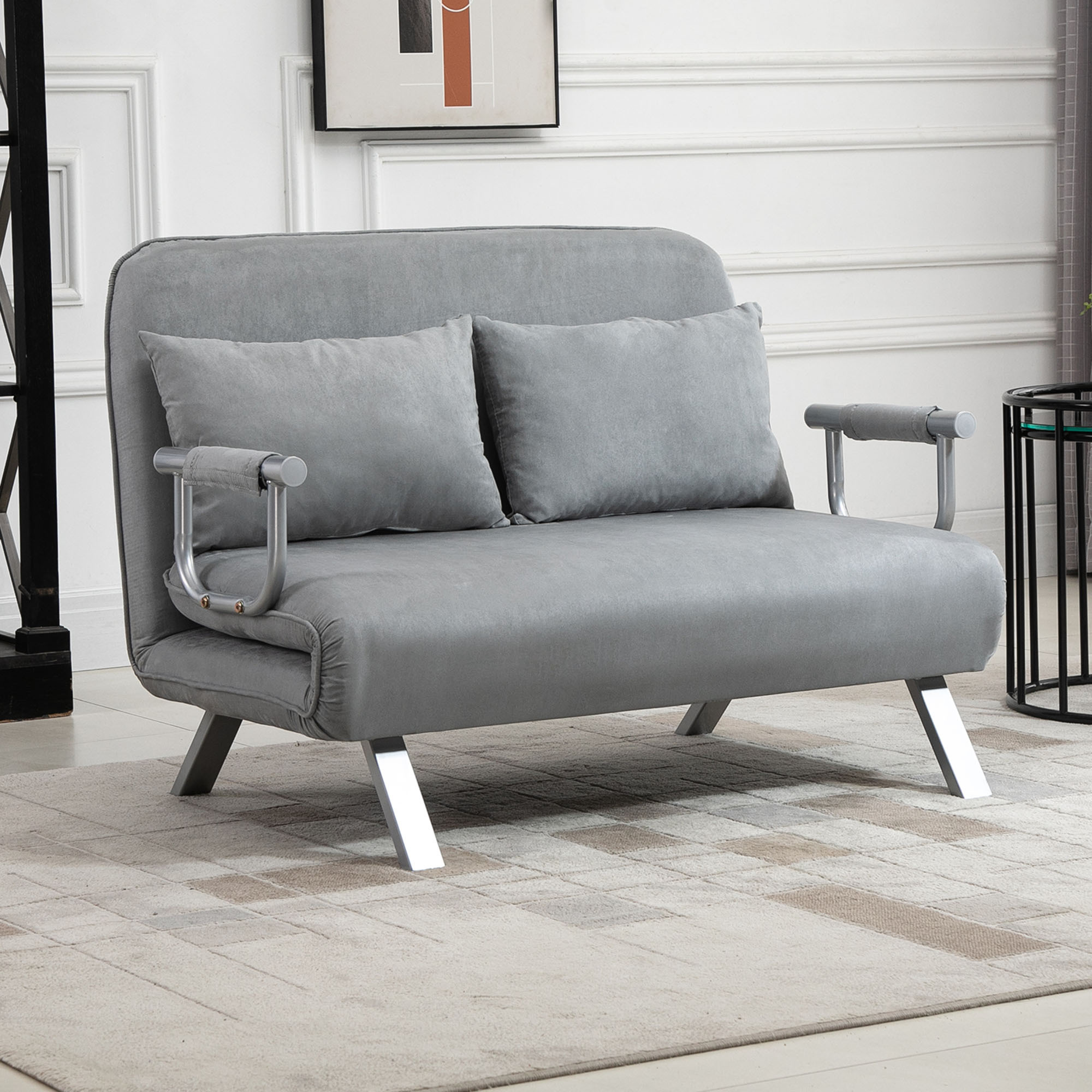 Image of 3-in-1 Sleeper Sofa, 185x105cm, 5-position Adjustable Backrest, Throw Pillows, 2-seater Sofa With Sleep Function, Velvet Look, Chaise Lounge For Living Room, Bedroom, Light Gray