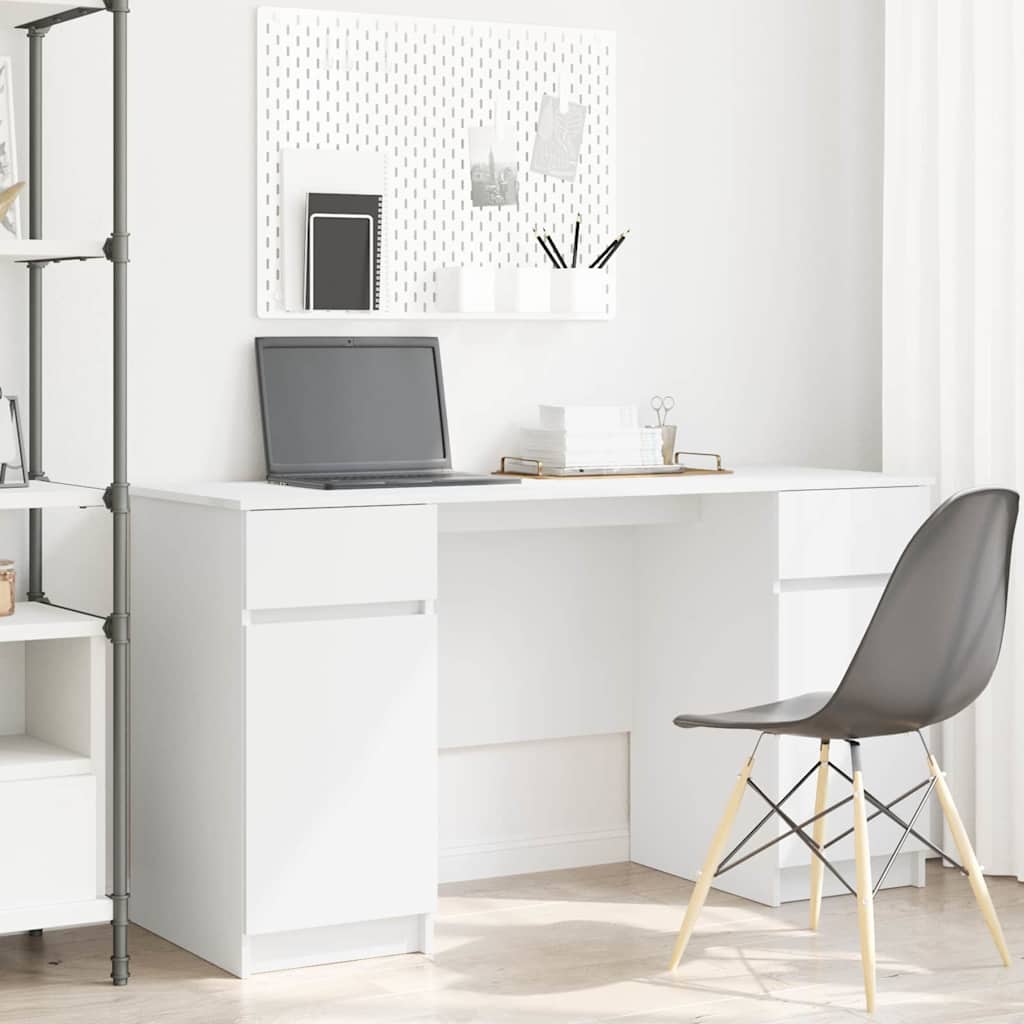 Vidaxl Modern White Study Desk With Storage Space In Wood Material, 4 Shelves, 2 Drawers, Stylish Work Desk For Office And Home, Writing, Rectangular
