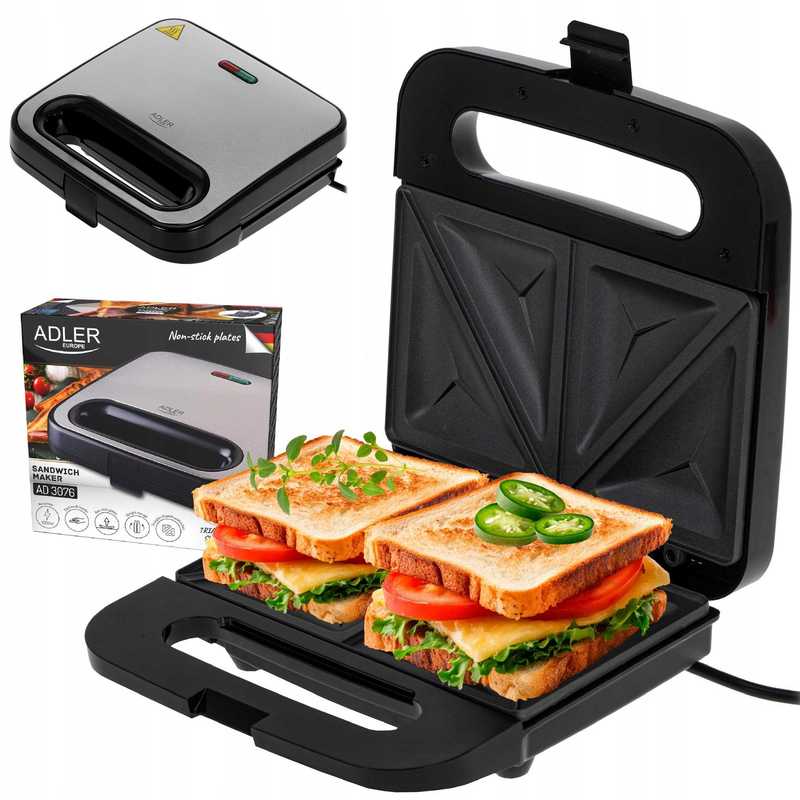 efficient 1000w sandwich grill: crispy triangles in minutes! non stick plates, insulated handle, and vertical storage – perfect for quick snacks, compact design in silver black