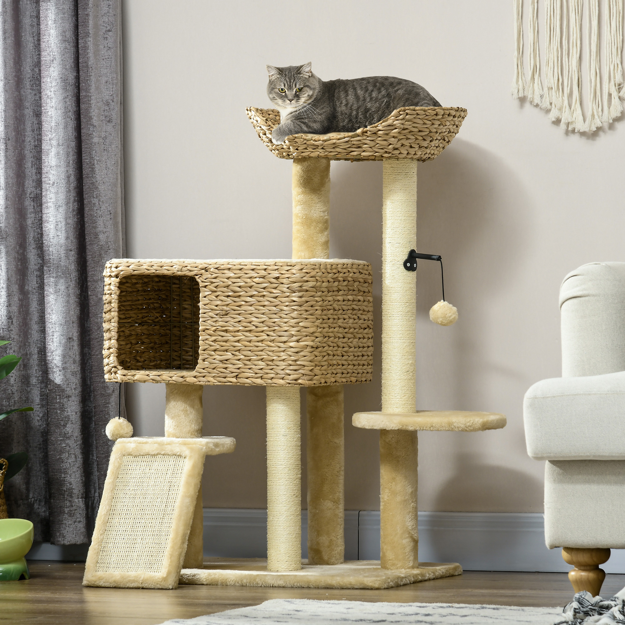 Image of Cat Scratching Post 98 Cm Cat Tree With 2 Licking Surfaces, Scratching Posts, Climbing Tree With Play Ball, Cat Furniture With Cat Cave For Cats Up To 6 Kg, Sisal, Water Hyacinth, Beige