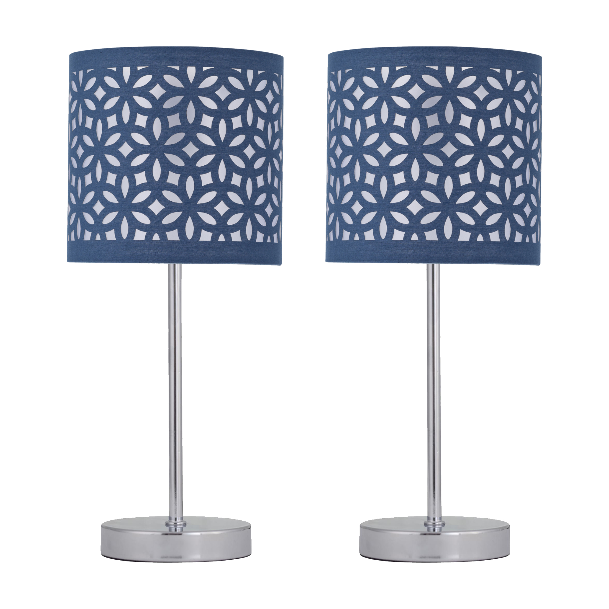 First Choice Lighting Set of 2 Chrome Stick Table Lamps with Navy Blue Laser Cut Shades in Silver