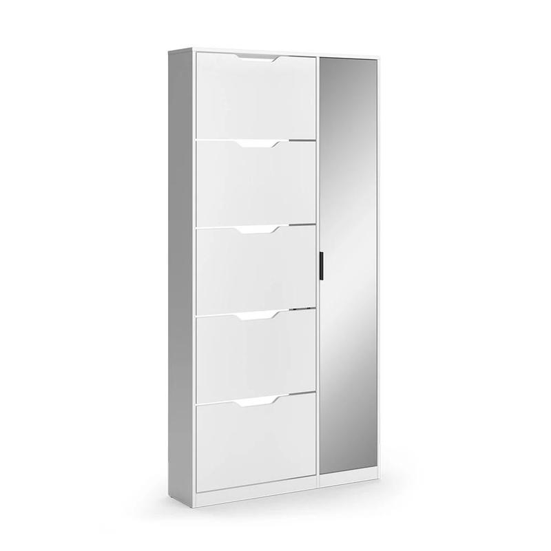 Image of Shoe Rack Luca White 90 X 180.5 Cm With 5 Compartments & Mirror The Shoe Cabinet Shoe Rack Shoe Commode Cabinet Chipboard, 15 Mm Inside