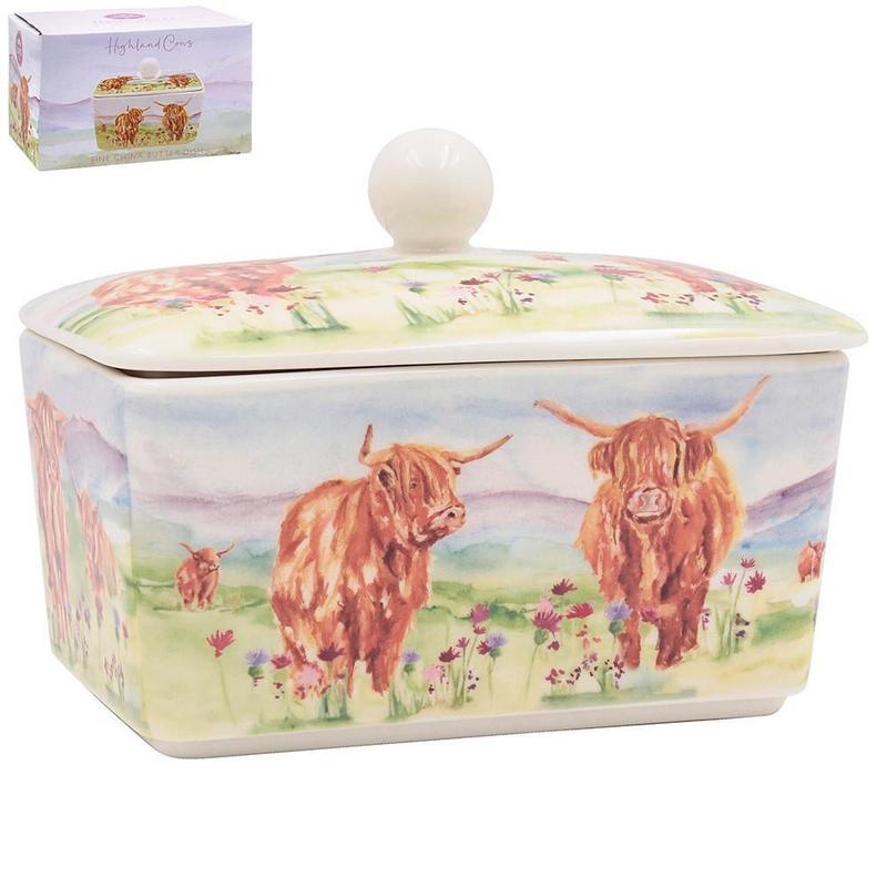 TEMU Highland Cows Butter Dish - Ceramic Fine China Butter Dish With Removable Lid And Decorative Box