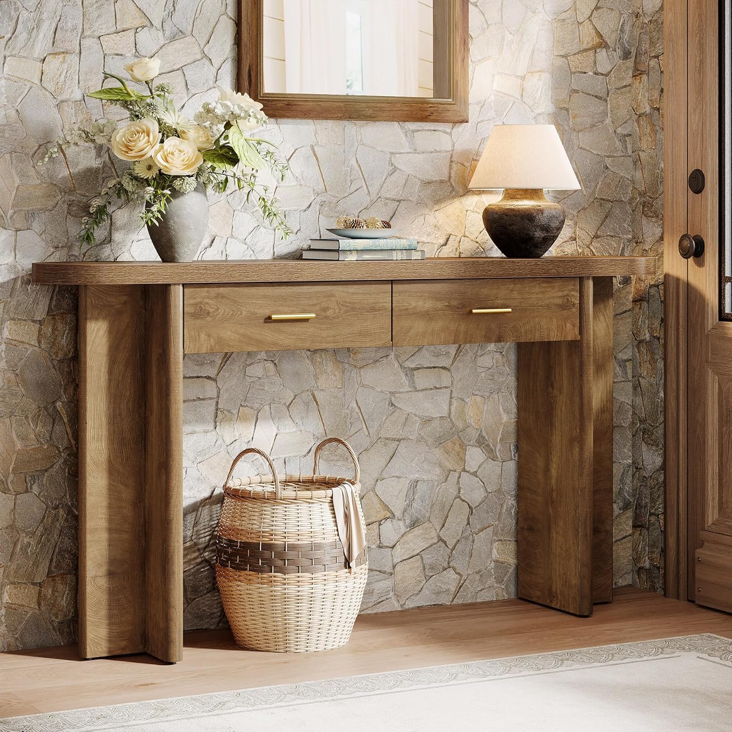 Image of Vintage 160 Cm Console Table With 2 Drawers, Farmhouse Oval Curved Entryway Sofa Table With Storage For Living Room, Bedroom, Hallway, Entrance, Brown