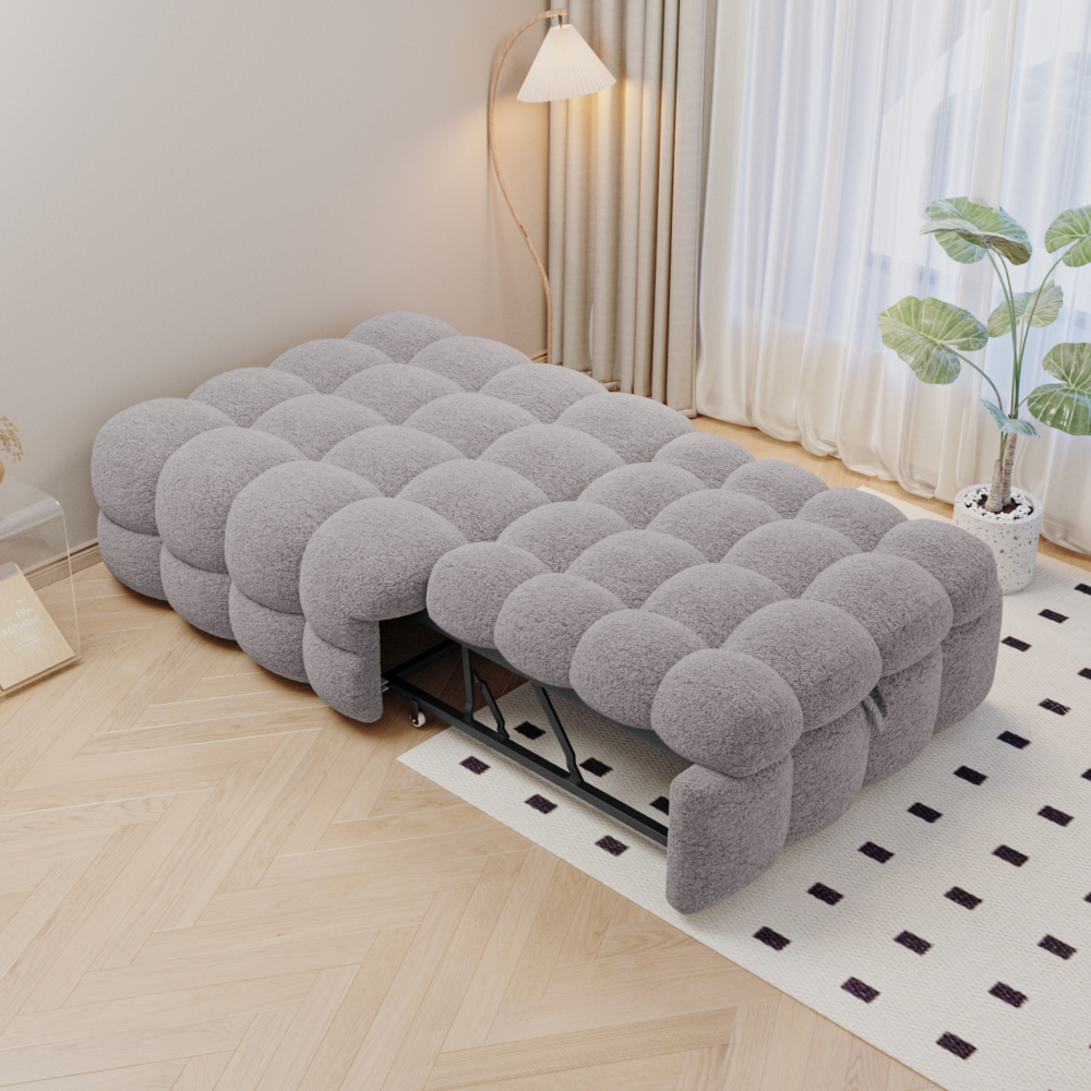 Image of Soft Teddy Velvet Stool Puff, Multifunctional Convertible Sofa Bed, Space- Bench With Plush Cushioning, Durable Guest Recliner For Living Room Bedroom Apartment Home Decoration Easy Assembly