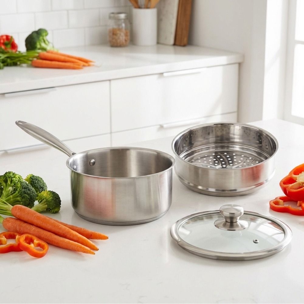 Stainless Steel Double Layer Steamer Pot with Glass Lid