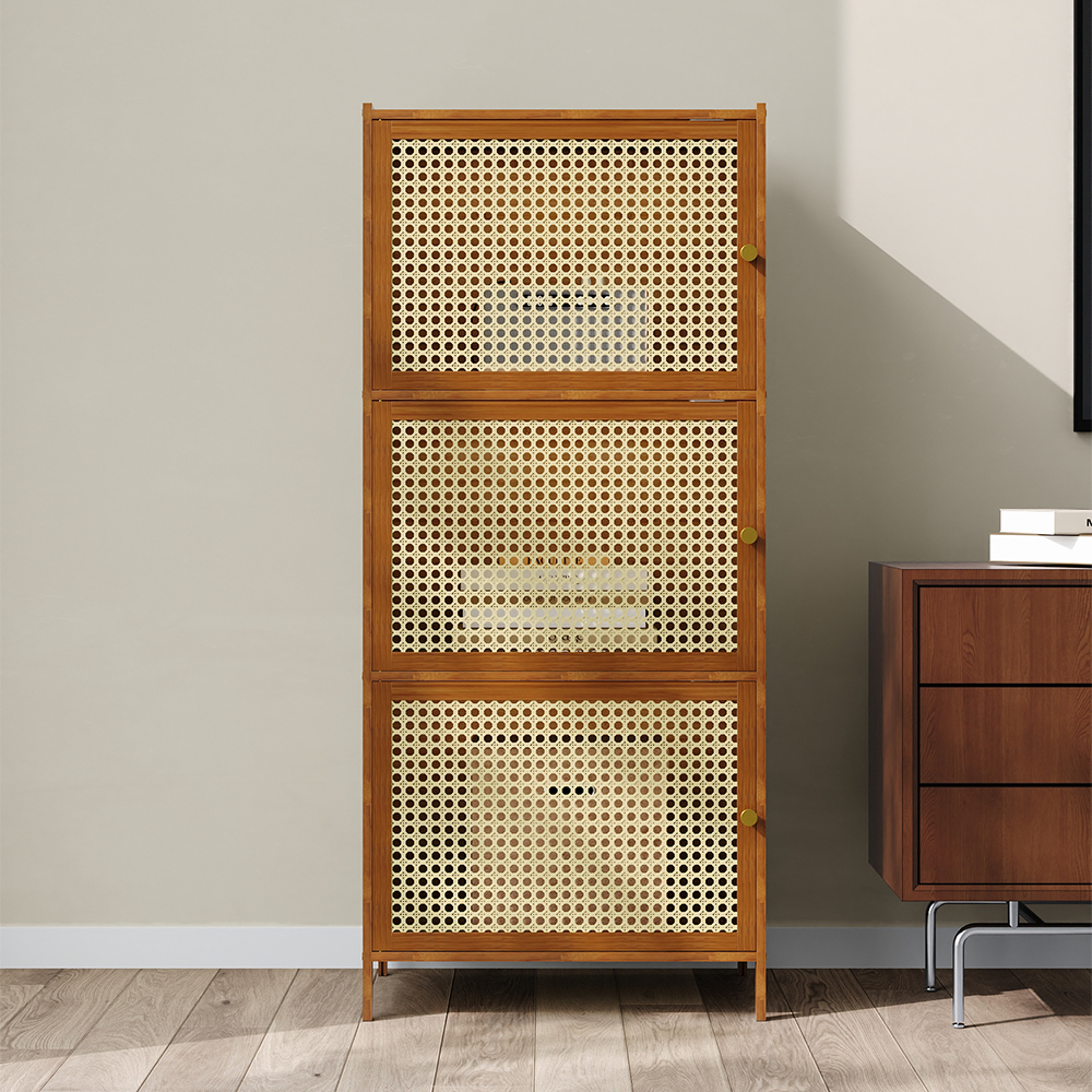 TEMU Rattan Weave Bamboo 3-tier Bookshelf With Doors, Natural Wood Freestanding Storage Cabinet, Wooden Shelf Unit For Bedroom Living Room Office,