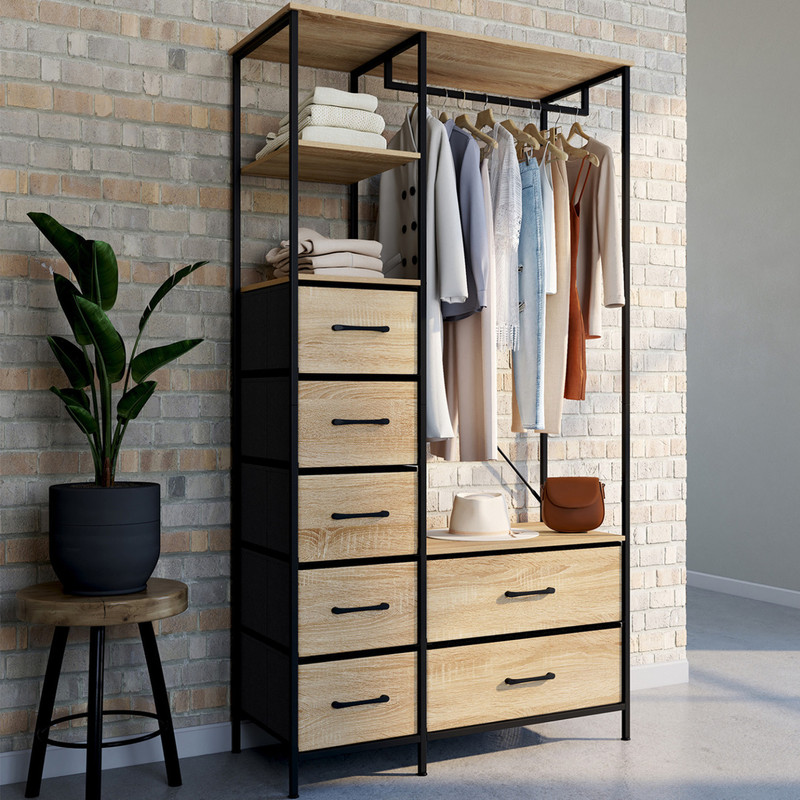 TEMU Dressing penderie + colonne L. 90 cm avec 1 étagère et 7 en tissu bois et noir