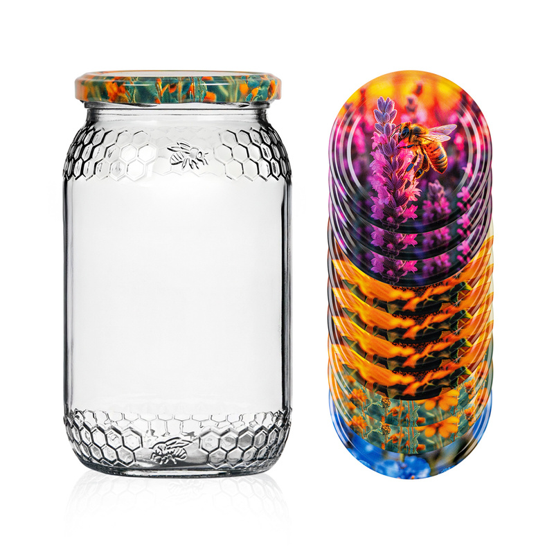 Image of 48pcs. Glass Jar 900 Ml Set Of Jars With Lids - Jars With A Honeycomb And , Honey - Set Of Jars For 82 Mm Screw Cap