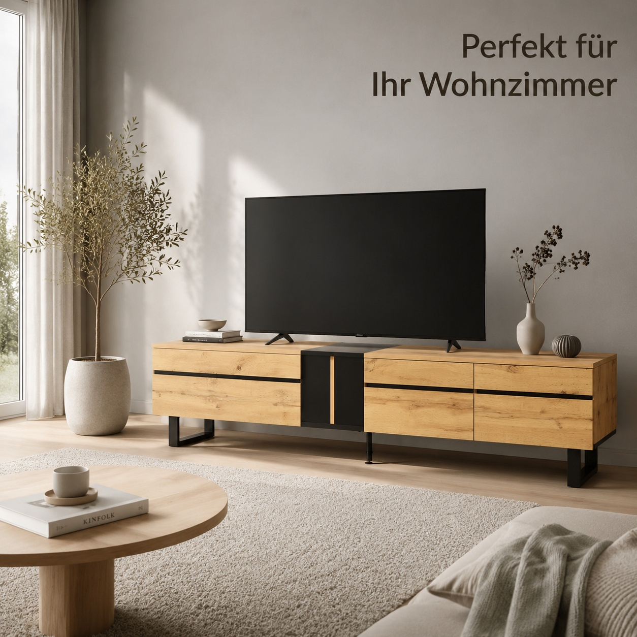 Image of Wooden Tv Cabinet 180x38x45cm With 2 Doors & Flip Compartment & Open Compartment, Lowboard With Hydraulic Damper & Adjustable Feet, Sideboard For Living Room, Pb Body, 40kg Load Capacity