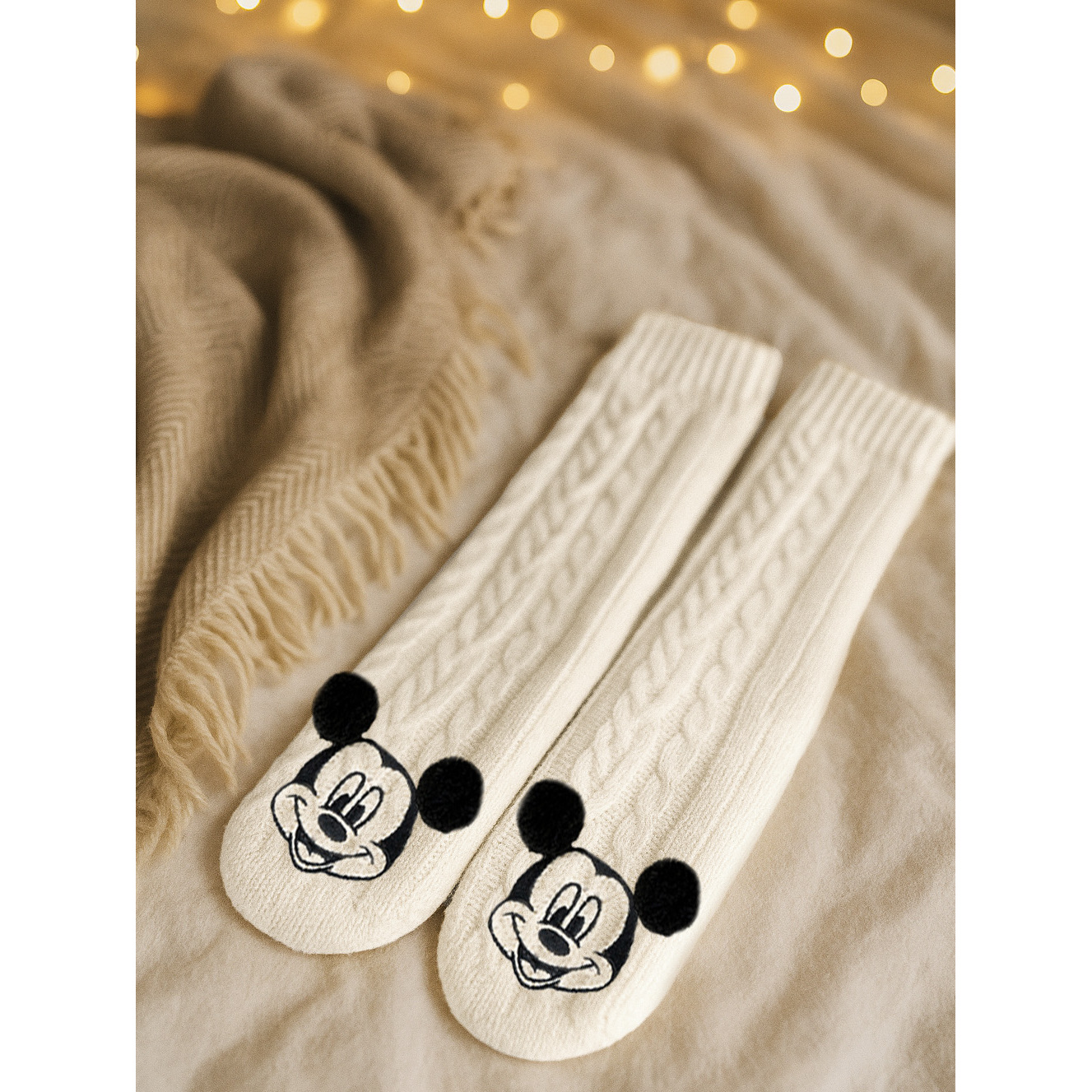 Image of Mouse Cabin Socks - Knitted House Slippers With Ears And Sherpa Lining For Women, Cozy Fuzzy Winter Socks, Warm Women's Socks, , White