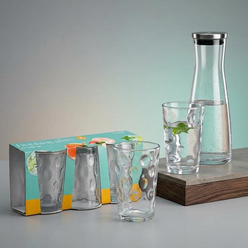 TEMU Drinking Glasses Set Of 3 Transparent 200ml Glass Tumblers Textured Relief Pattern 9.5cm Height Dishwasher Safe For Water Juice Soft Drinks