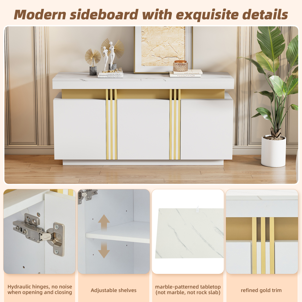 Modern White-platinum Sideboard With Marble Veneer, 140×38×70cm, Chipboard, 3 Cabinets+6 Compartments