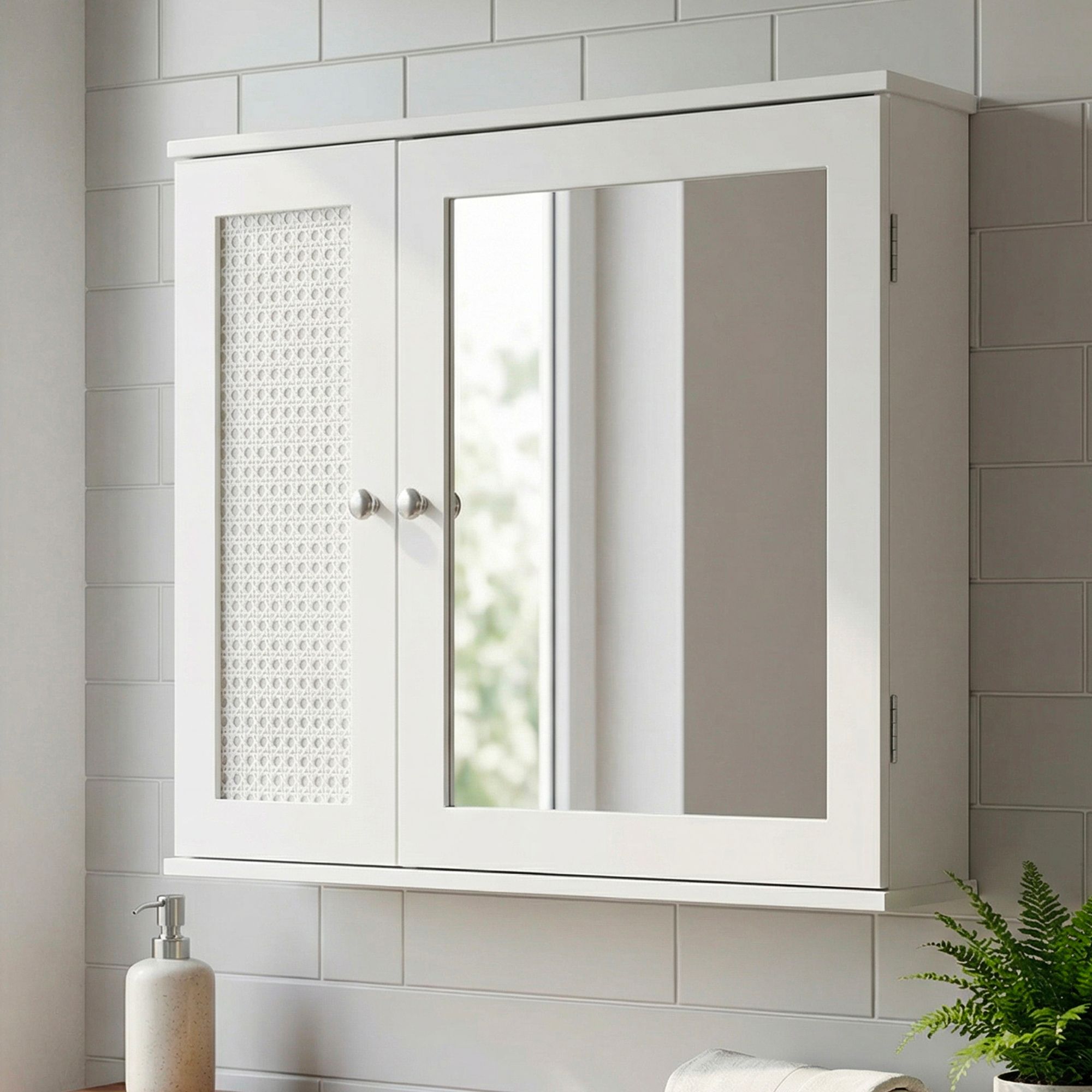 Image of Cabinet 60cm - Wall-mounted Bathroom Cabinet With 1 Mirror Door - Hanging Bathroom Wall Cabinet In Rattan Storage Cabinet With Door Design Bathroom Mirror