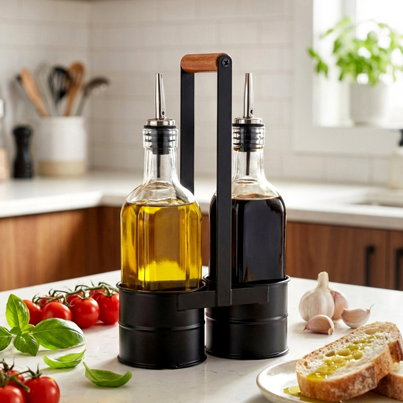 TEMU Ensemble de 2 bouteilles en verre pour huile et vinaigre, 2X150 ml, avec un support en métal et un manche en bois, distributeurs pratiques en