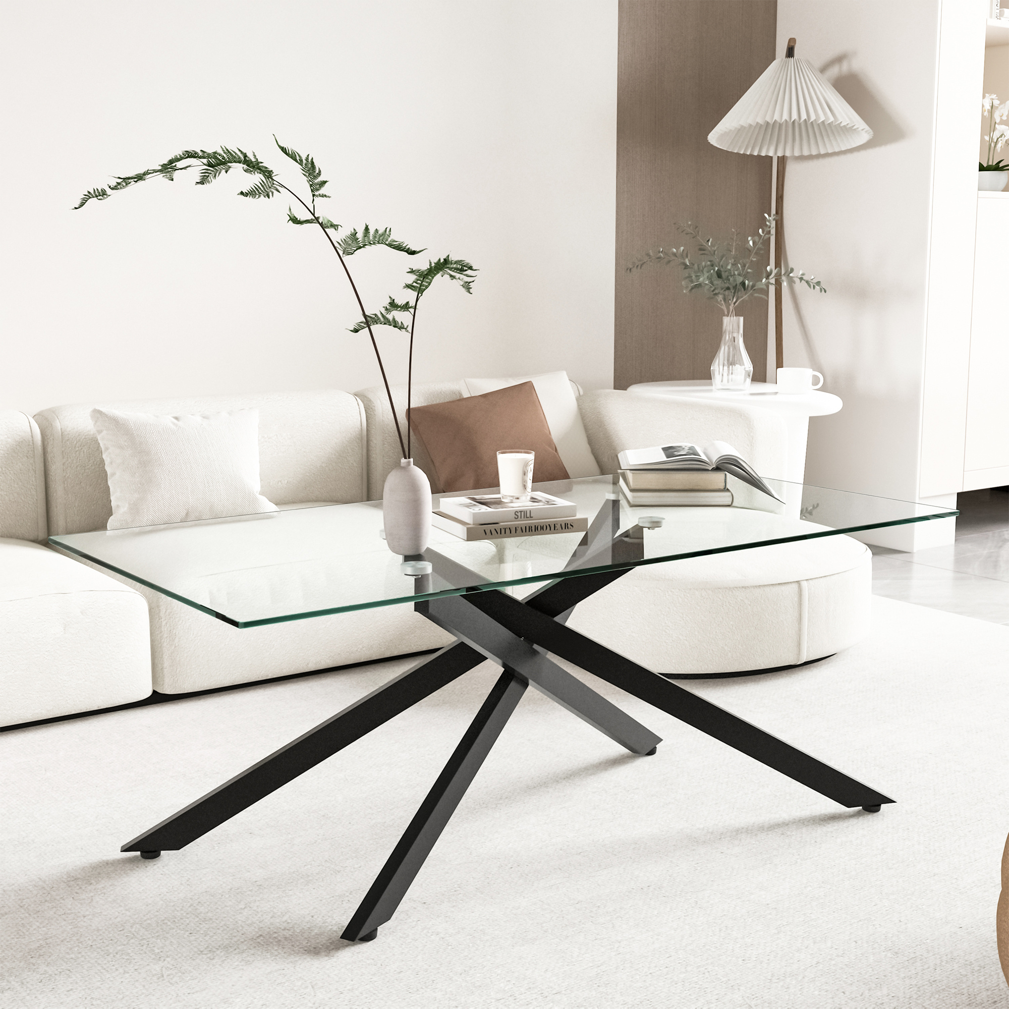Coffee Table Made Of Tempered Glass, Rectangular Coffee Table, Black, Shaped Metal Legs, Modern Living Room Table, Black-h46/w120/d60 Cm
