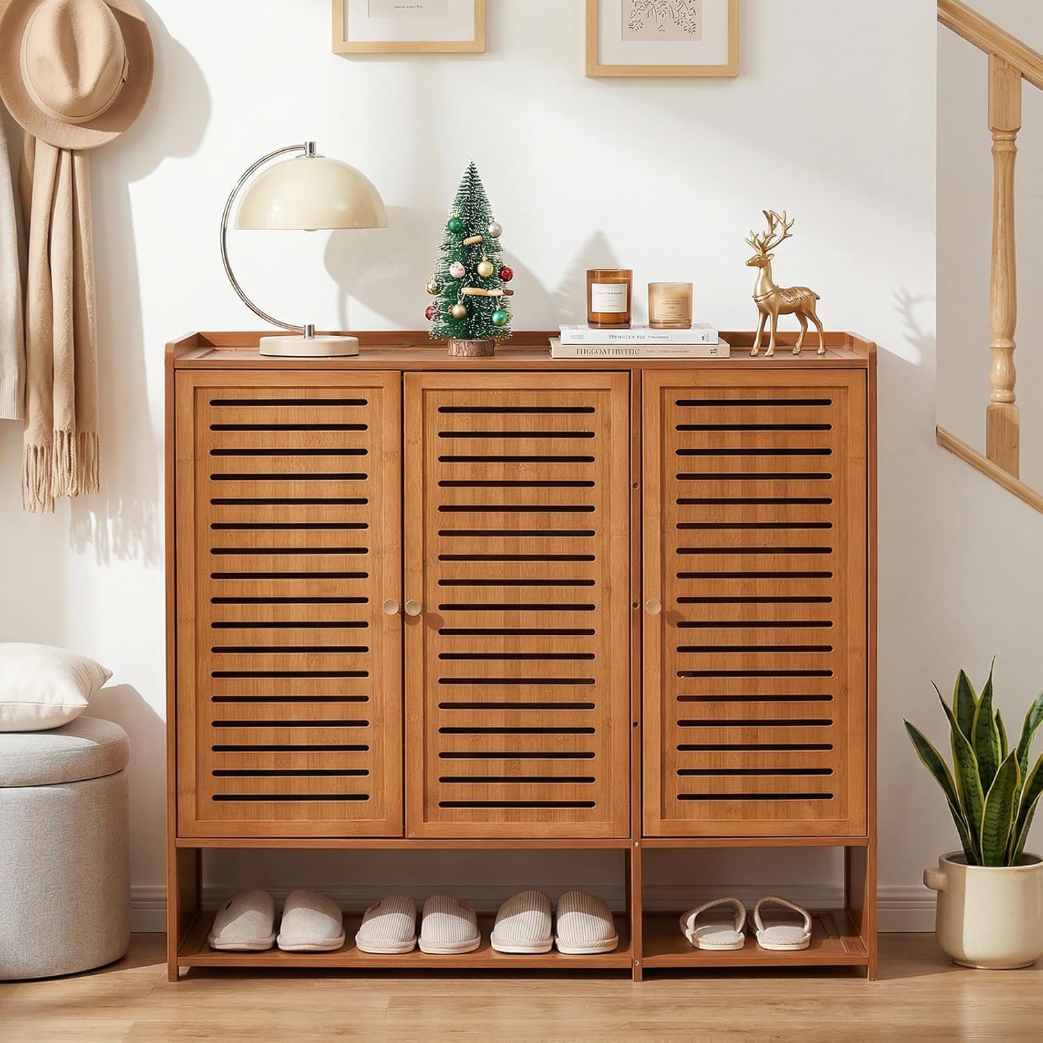 TEMU 5 Tier Shoe Storage Cabinet, Bamboo Shoe Rack Cabinet With 3 Slatted Doors, Space Saving Shoes Cupboard, For Closet Hallway Bedroom Entryway,