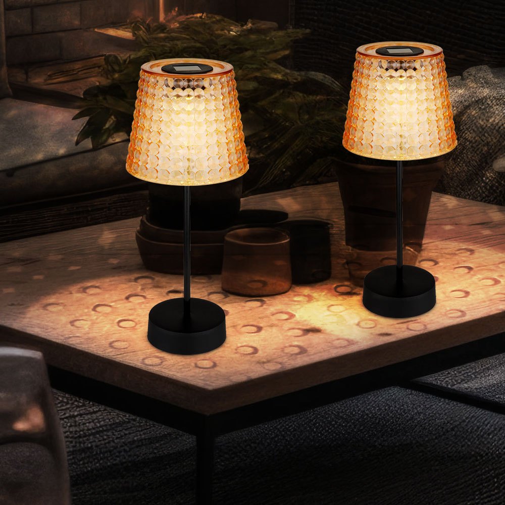 E-shop LED Außenlampe Solarlampe Tischleuchte Gartendeko Kristallleuchte, amber schwarz Kunststoff, Akku IP44, 3000K warmweiß, 2er Set, H 29 cm