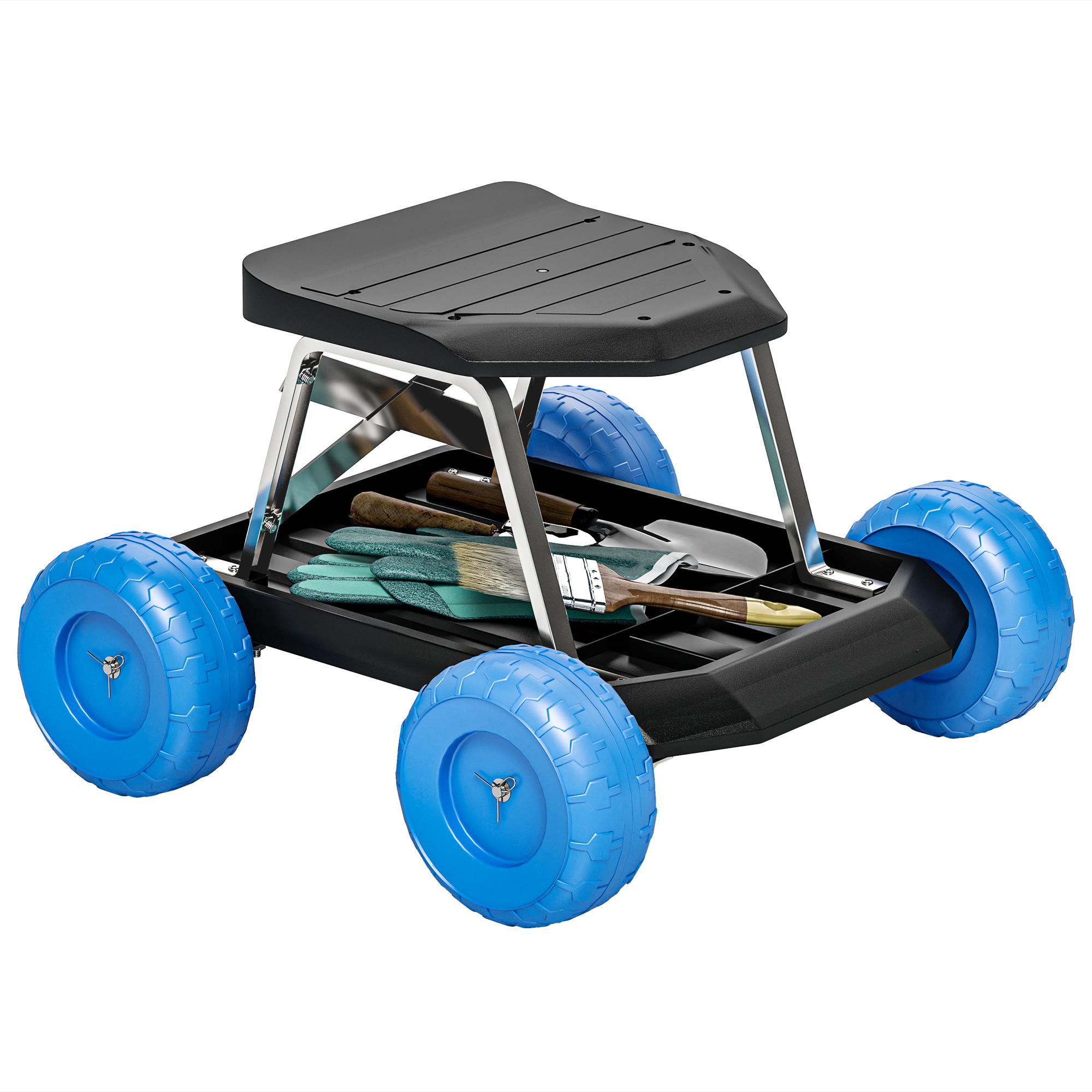 Image of Outsunny Garden Stool On Wheels Gardening Tool Tray Cart With Seat For Weeding, Planting, 50 X 49 X 32 Cm Blue