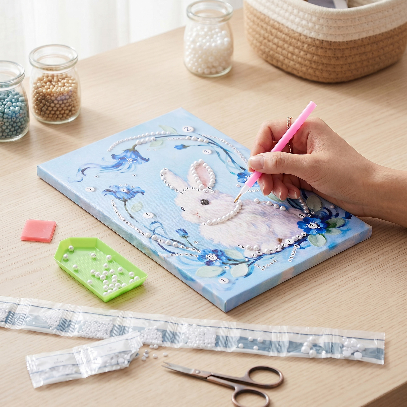 DIY Pearl Painting Kit with Frame, Cute Rabbit Design 3D Diamond Art