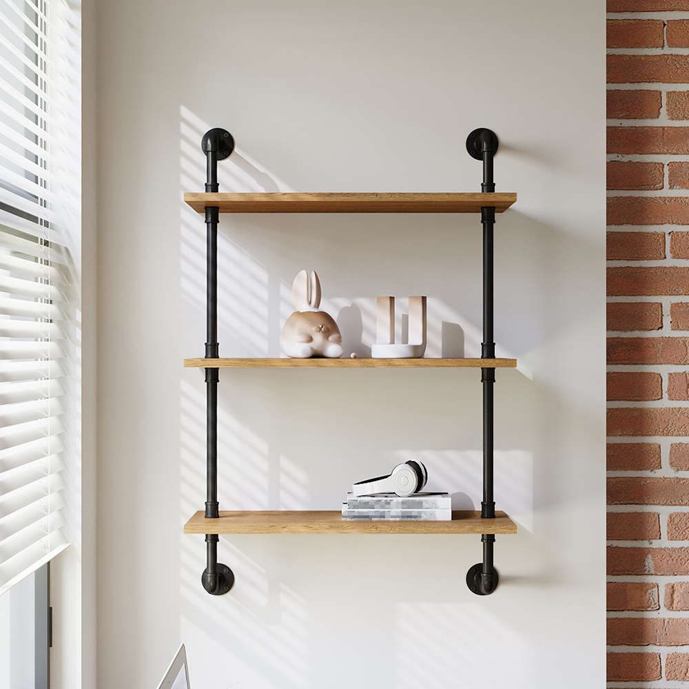 3 Tier Industrial Pipe Floating Shelf with Solid Wood Board, Open Vertical Shelf Rustic Wall Mounted BookShelf Space-saving Storage Rack, Easy Assembly, Kitchen Spice Rack, Bathroom Shelf, Storage Organizer for Books, Pictures, Plants, Sundries in Living Room, Bedroom, Hallway, Entryway, 60x30x89.7cm