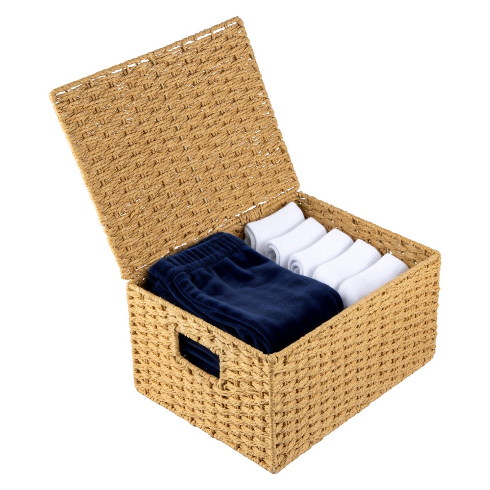TEMU Woven Storage Basket With Lid—suitable For Shelving Units In Homes And Offices, This Basket Combines Rustic-style Decor With Practical Storage