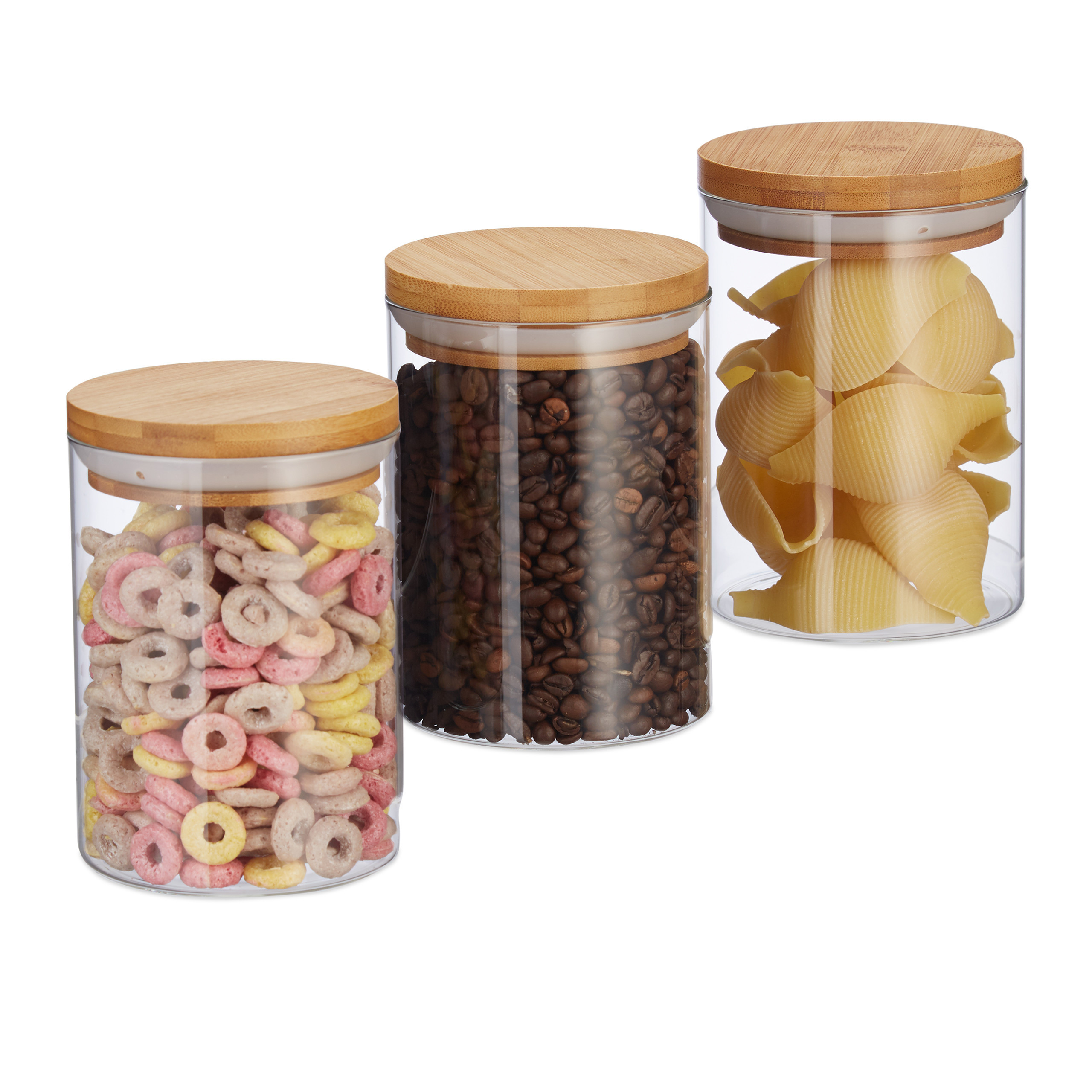Image of Glass Storage Jars 3-piece Set, 600 Ml, 14 X 9.5 Cm, Bamboo Lid With Silicone Ring, Airtight, Transparent, Natural, For Pasta, Rice, , , And Coffee Beans, Storage Jars, Kitchen Containers, Relaxdays